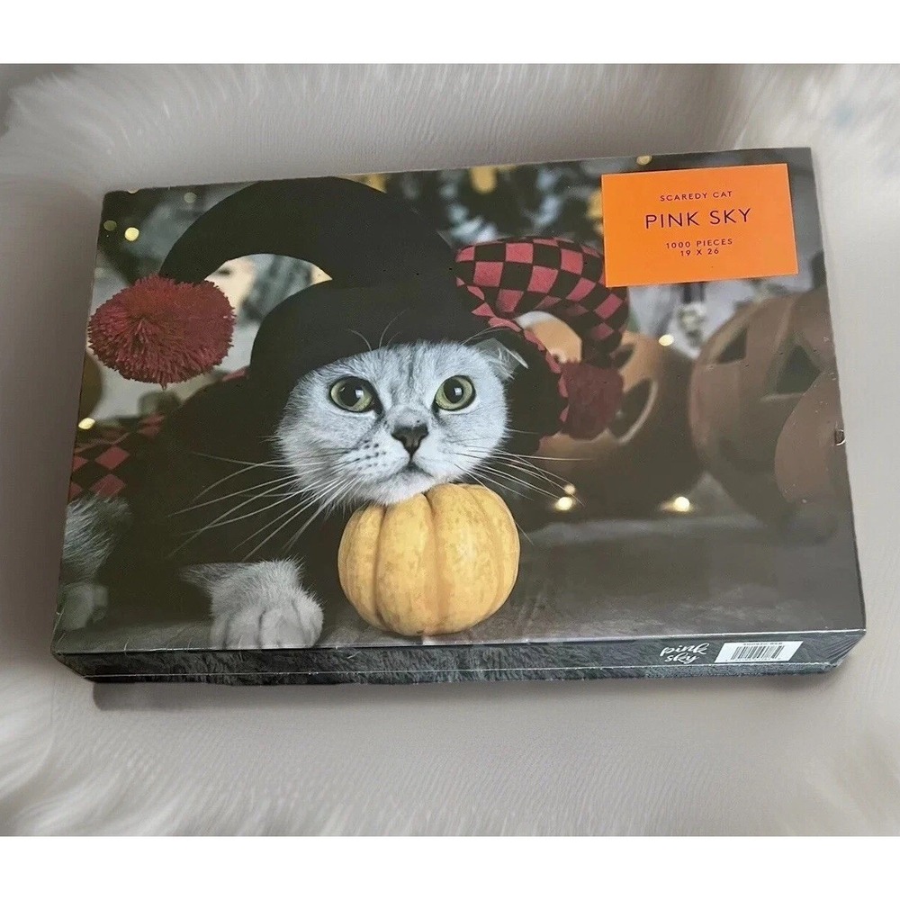 Pink Sky Scaredy Cat 1000 Piece Jigsaw Puzzle Halloween Cat Pumpkin 19x26 NEW